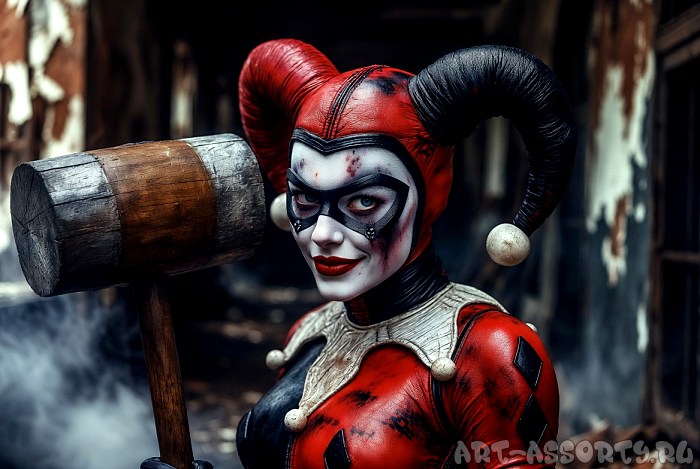 Харли Квинн крупным планом с молотом
