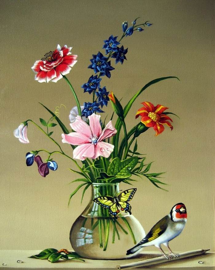 Картина Толстого Букет цветов, бабочка и птичка