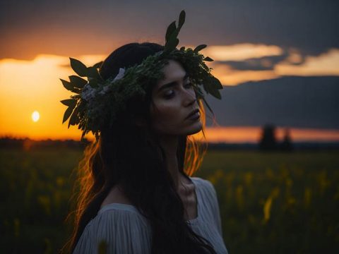 Девушка славянка на восходе солнца в поле
