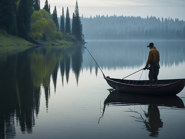Рыбак на лесном озере ранним утром