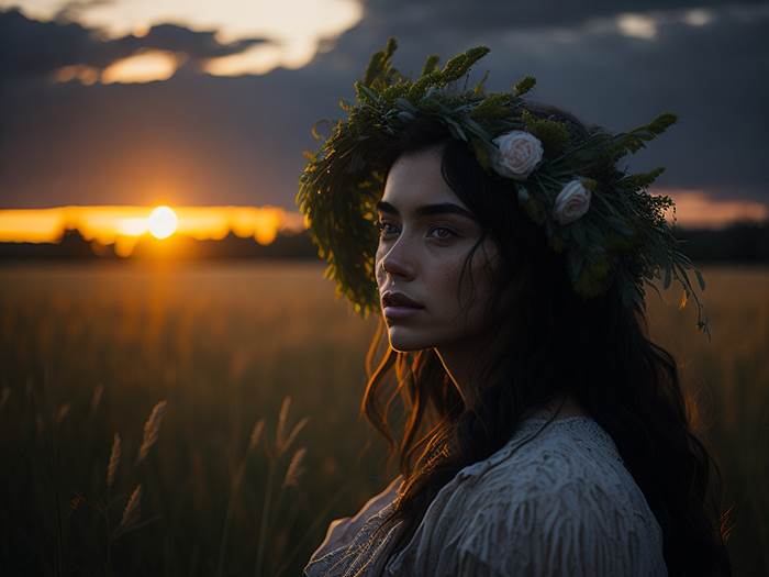 Девушка с венком на голове в поле на восходе солнца
