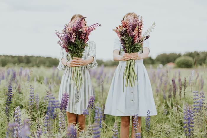 Девушки собирают полевые цветы летом