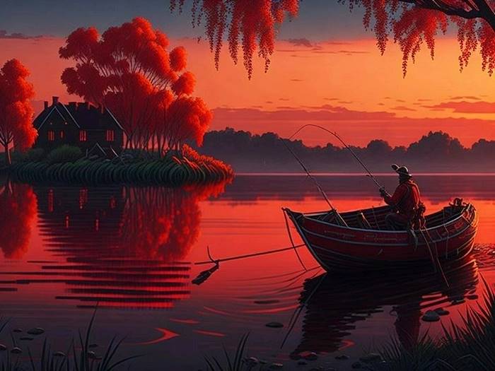 Рыбак на озере и ярко-красный рассвет