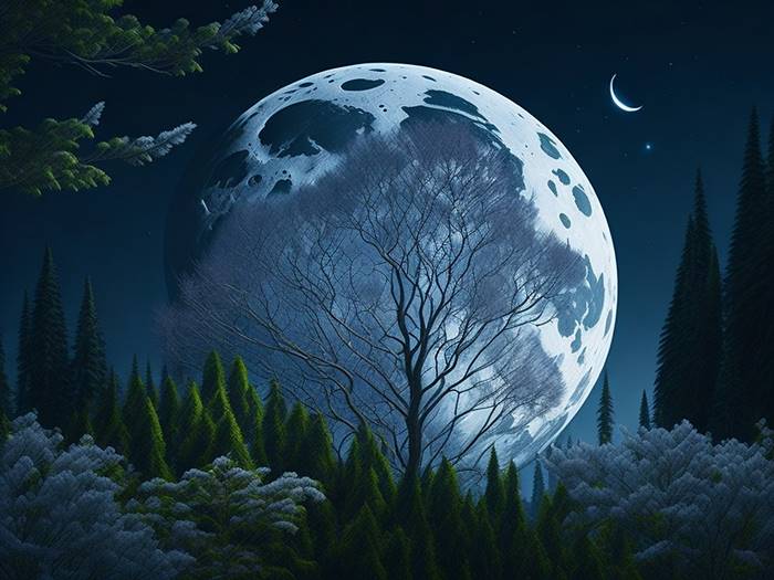 Красивая луна ночью в лесу