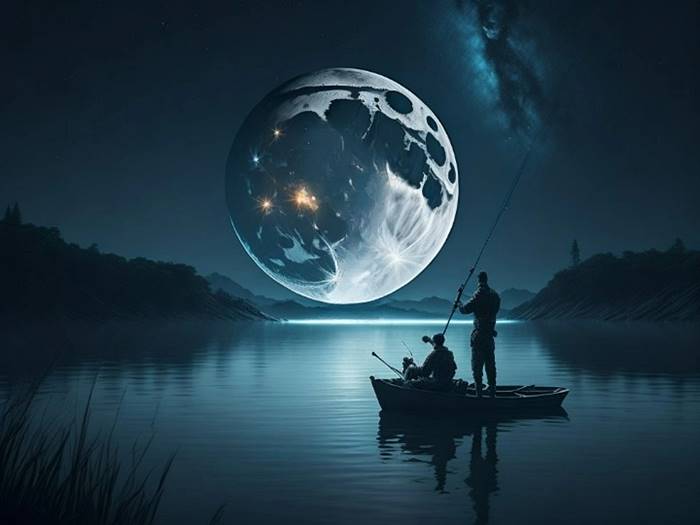 Рыбаки на лодке лунной ночью