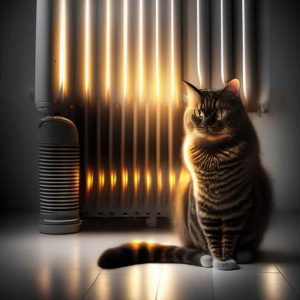 Кошка рядом с радиатором отопления