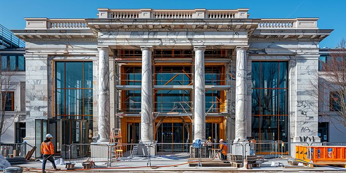 Облицовка фасада здания мрамором