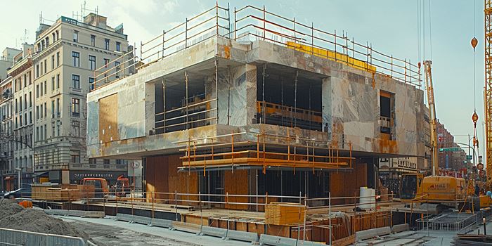 Процесс облицовки мрамором фасада здания