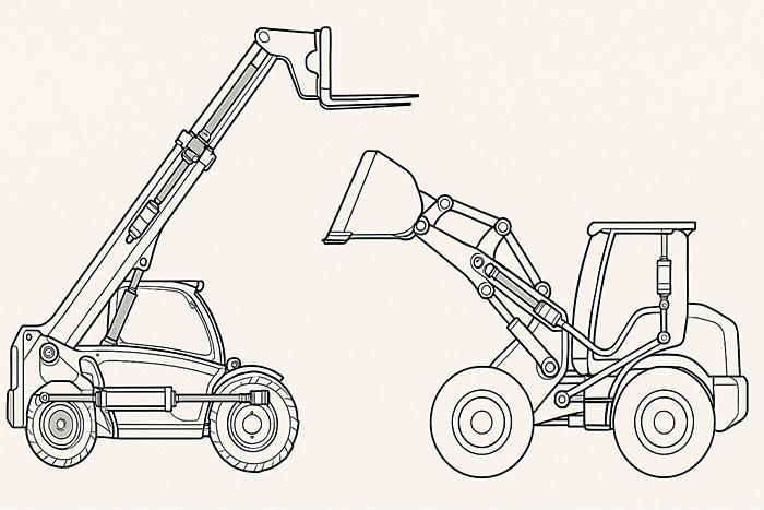 Схема телескопической стрелы и рычажного механизма фронтального погрузчика