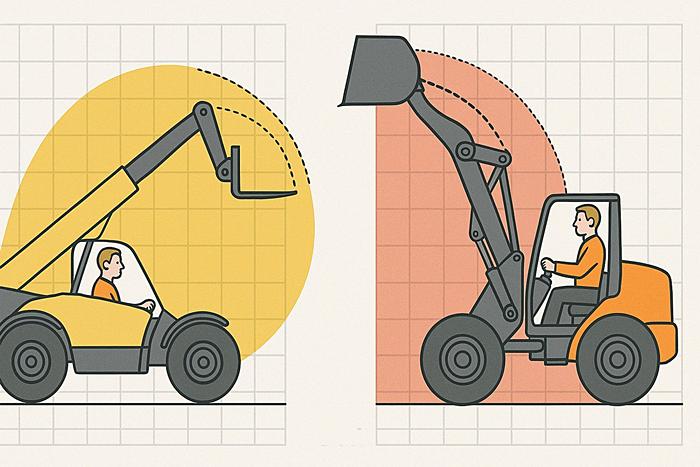 Инфографика рабочих зон погрузчиков с траекториями движения ковша и стрелы