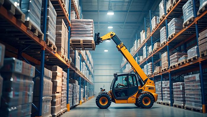 Телескопический погрузчик загружает стеллажи на современном складе