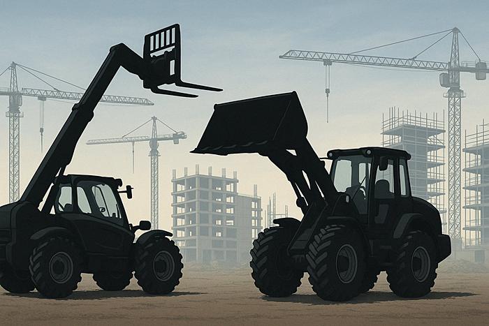 Силуэт телескопического и фронтального погрузчиков на стройплощадке