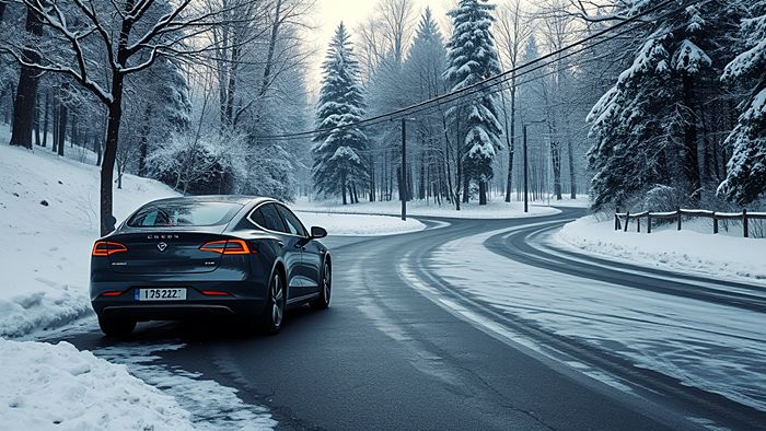 Электромобиль на зимней дороге