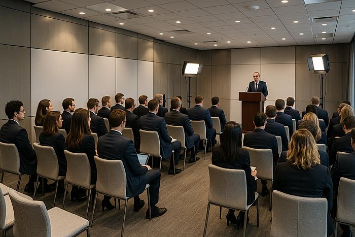 Современное медиа-событие с арендованной мебелью - пресс-конференция в профессионально оборудованном зале
