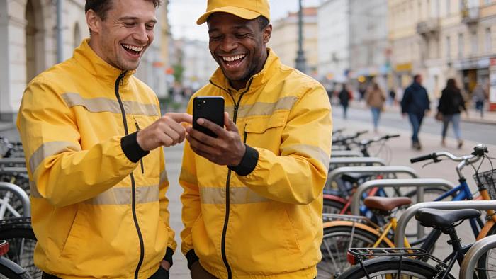 Курьер в фирменной одежде с термосумкой идет по городской улице к клиенту.