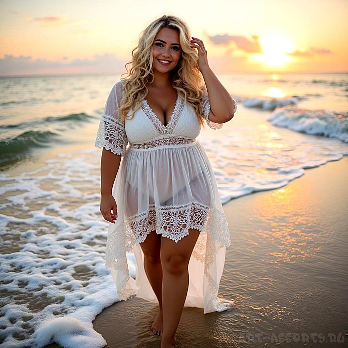 Блондинка с пышными формами на берегу океана