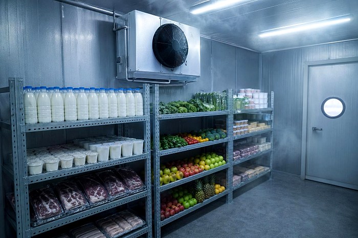 Холодильная камера с работающим моноблоком, продукты в идеальном состоянии