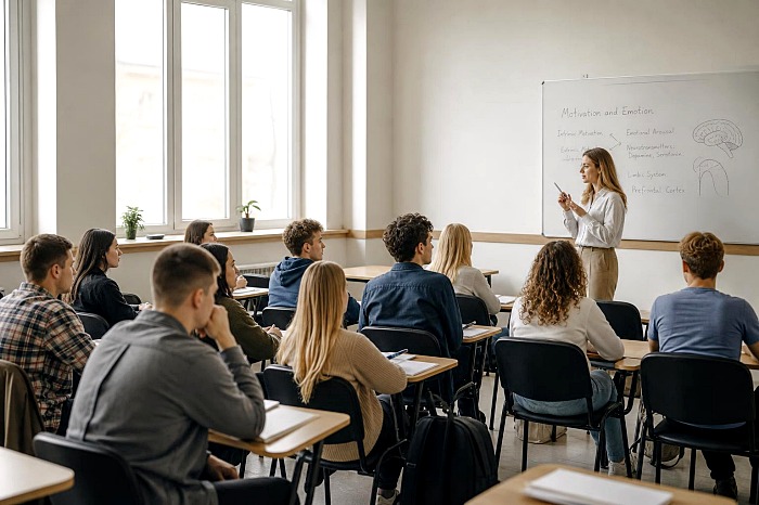 Группа студентов на лекции по психологии в светлой аудитории с преподавателем у доски
